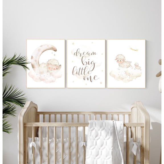 UNFFRAMED Luvia Sheep Nursery Poster Set of 3 Gray Moon and Cloud Gender Neutral Baby Room Wall Art Decor Set 3 Prints 16x24