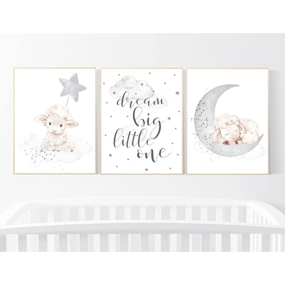 UNFFRAMED Luvia Sheep and Cloud Nursery Poster Set of 3, Gray Gender Neutral Baby Room Decor with Moon and Lamb Prints Set 3 Prints 16x24