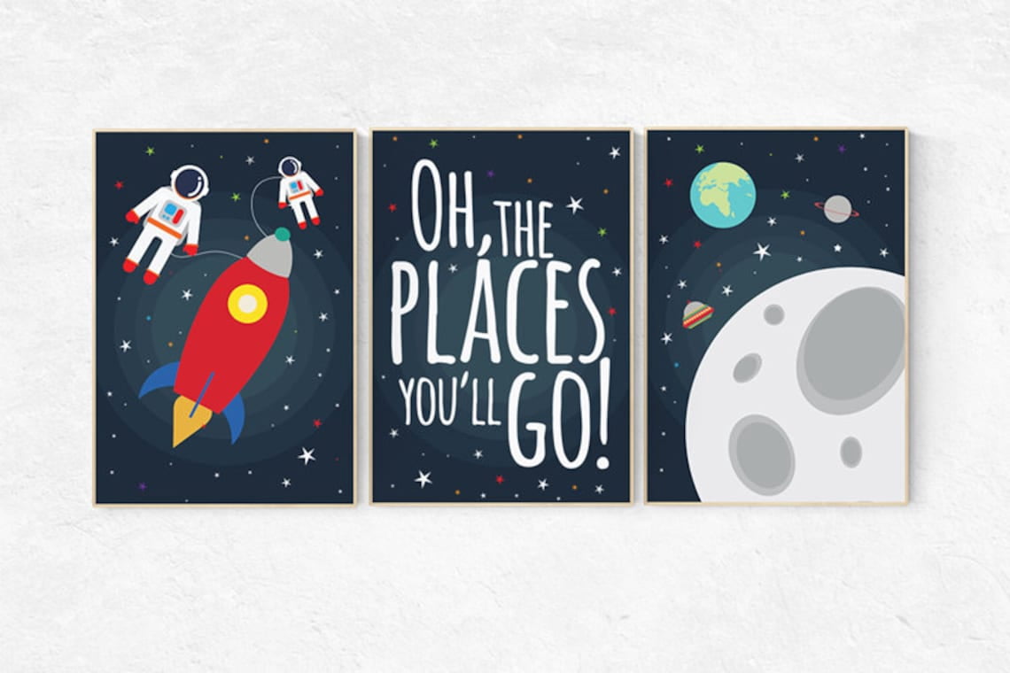 UNFFRAMED Luvia Space Nursery Poster Set of 3 With Quote Oh The Places ...