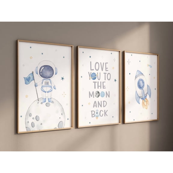 UNFFRAMED Luvia Space Nursery Wall Art Set of 3, Astronaut Planet Prints, Outer Space Baby Boy Room Decor Set 3 Prints 8x12