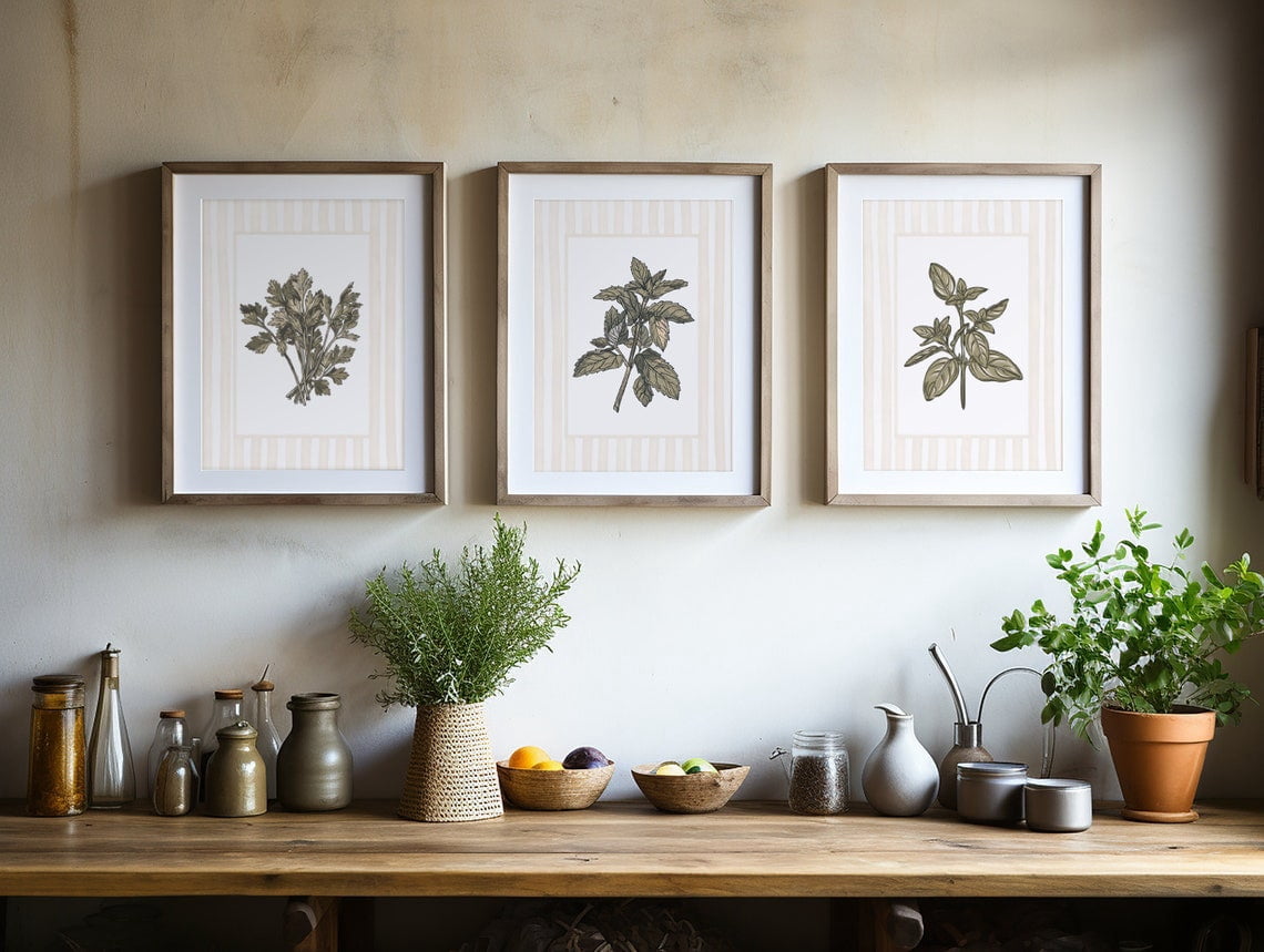UNFFRAMED Luvia Striped Kitchen Herb Prints Set, Vintage Botanical Wall ...