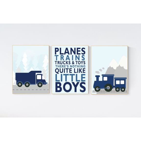 UNFFRAMED Luvia Transportation Poster Set of 3 Navy Blue Vehicle Truck Nursery Wall Art Boys Room Decor Set 3 Prints 12x18