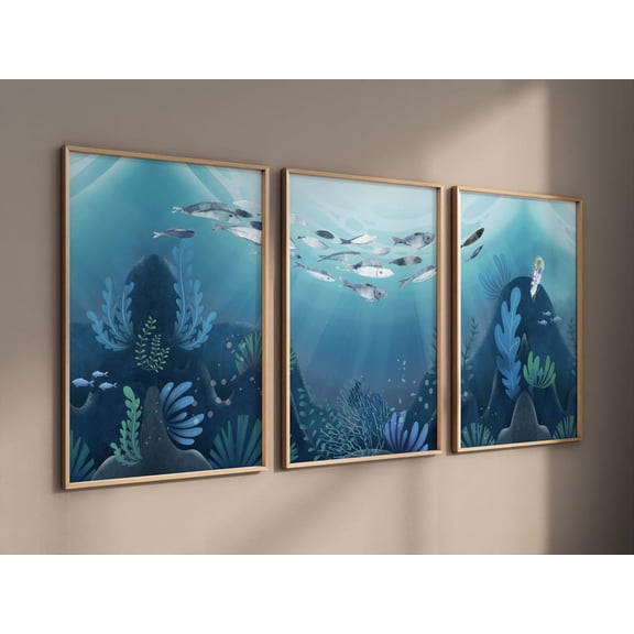 UNFFRAMED Luvia Under the Sea Nursery Wall Art Set of 3, Ocean Animal Prints, Nautical Baby Room Decor Set 3 Prints 8x12