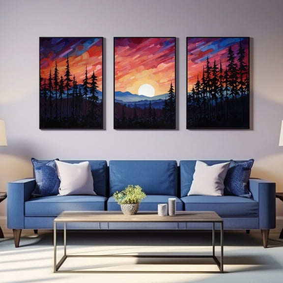 UNFFRAMED Luvia Vibrant Sunset Forest Triptych Poster Set of 3 Colorful Mountain Landscape Wall Art for Nature Inspired Home Decor Set 3 Prints 16x24