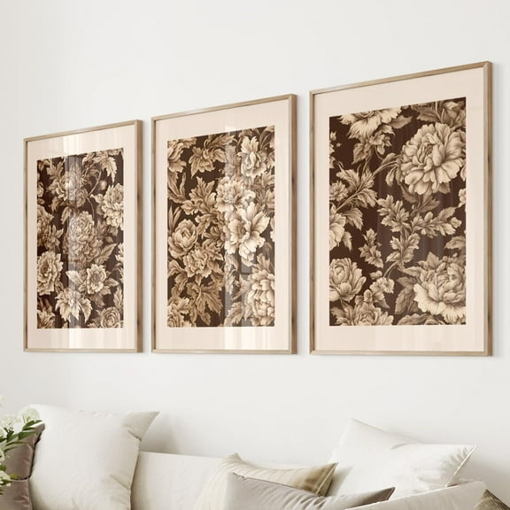 UNFFRAMED Luvia Vintage Floral Brown Wall Art Set of 3, Moody Fall Art Set 3 Prints 8x12