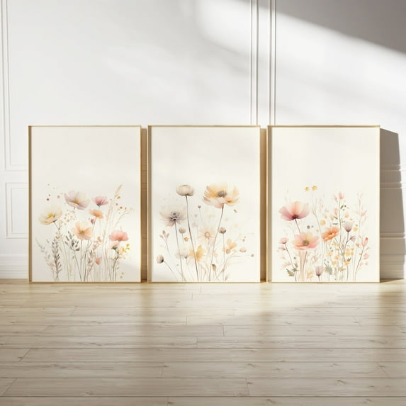 UNFFRAMED Luvia Wildflower Botanical Wall Art Set of 3 Neutral Boho Floral Gallery Prints Set 3 Prints 20x30