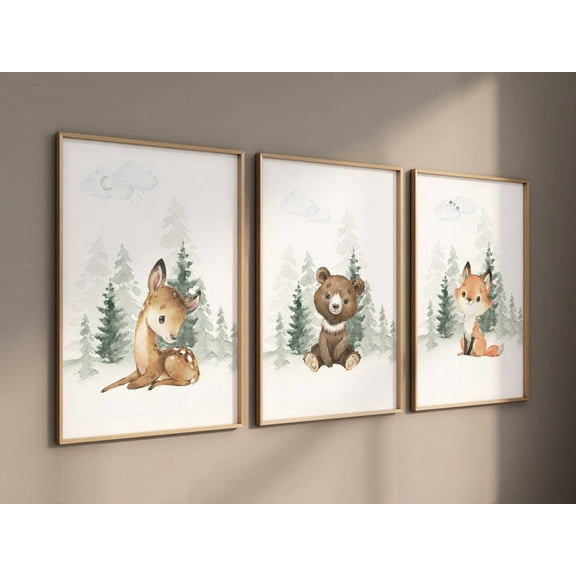 UNFFRAMED Luvia Woodland Animal Nursery Wall Art Set of 3, Neutral Bear Fox Deer Prints, Gender Neutral Baby Room Decor Set 3 Prints 8x12