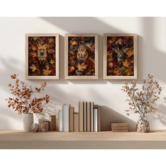 UNFFRAMED Luvia Woodland Animal Wall Art Set of 3, Rustic Autumn Wildlife Prints for Cozy Cottagecore Fall Decor Set 3 Prints 8x12
