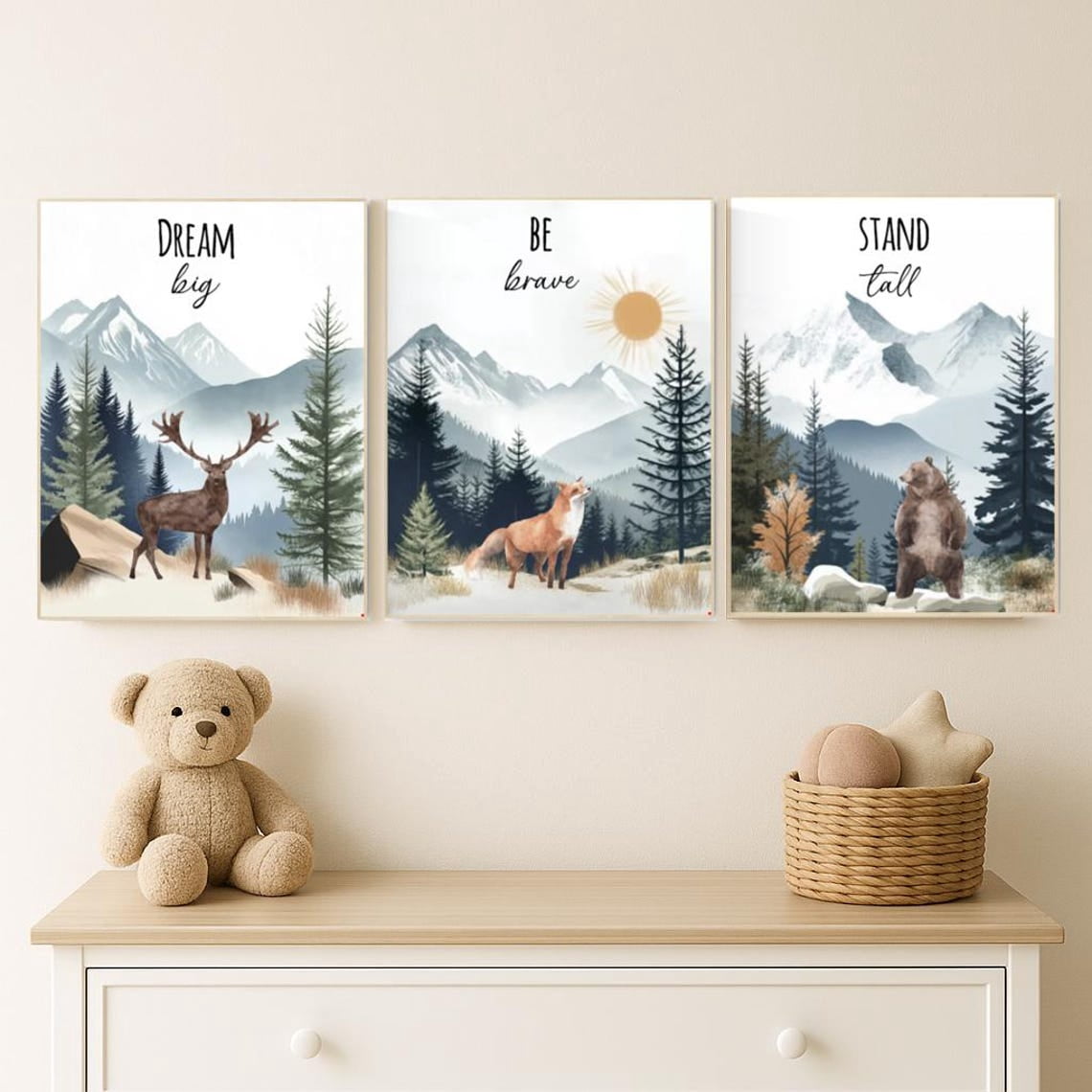 UNFFRAMED Luvia Woodland Mountain Nursery Wall Art Set of 3, Deer Fox ...
