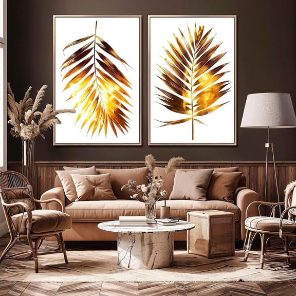 UNFFRAMED Luxury Golden Palm Leaves Set Of 2 Wall Art Tropical Leaf Posters Botanical Wall Decor Nature Inspired Art Ready To Hang Set 2 Prints 12x18