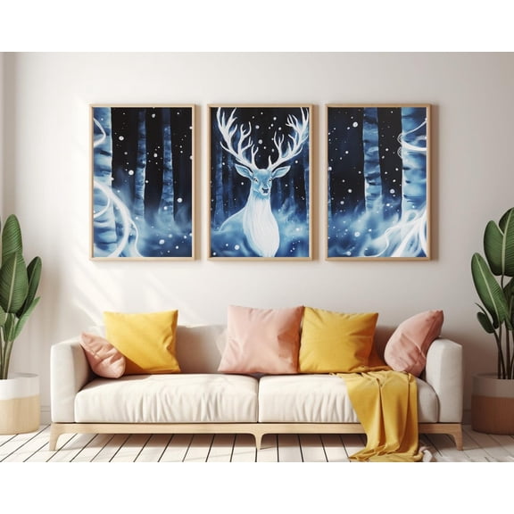 UNFFRAMED Magical Elk Poster Set Of 3, Enchanted Deer Wall Art, Mystical Forest Animal Decor, Reindeer Poster, Winter Woodland Artwork Set 3 Prints 8x12