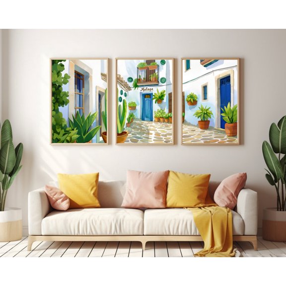 UNFFRAMED Malaga Poster Set Of 3, Spanish Courtyard Wall Art, Mediterranean Travel Poster, Andalusian Architecture Decor, Spain Artwork Set 3 Prints 16x24