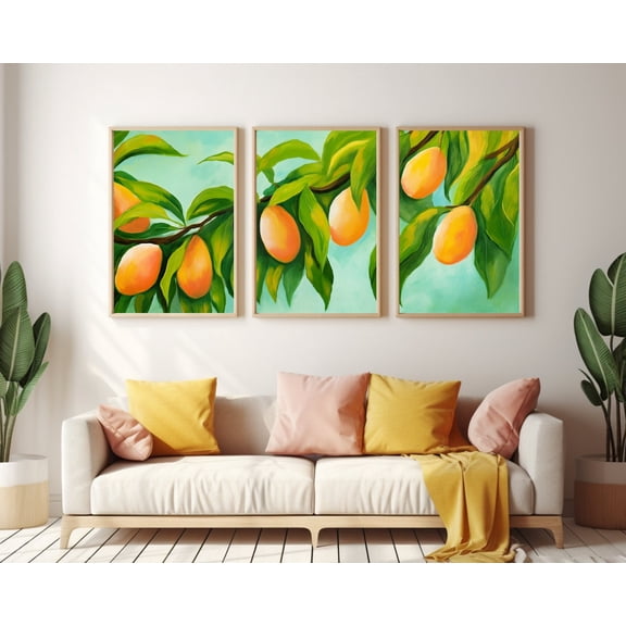 UNFFRAMED Mango Branch Poster, Set Of 3, Tropical Kitchen Wall Art, Summer Fruit Decor, Mediterranean Poster, Orchard Artwork, Mango Theme Set 3 Prints 8x12