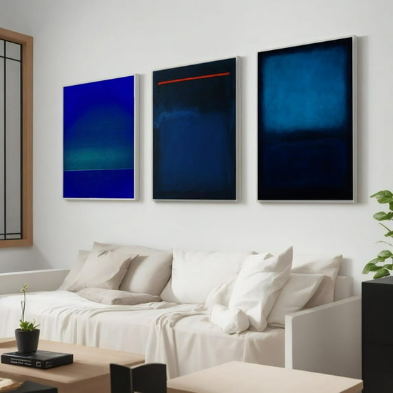 UNFFRAMED Mark Rothko Set Of 3, Deep Blue And Navy Abstract Color Field Art With Red Accent, Ready To Hang For Modern Interiors Set 3 Prints 20x30