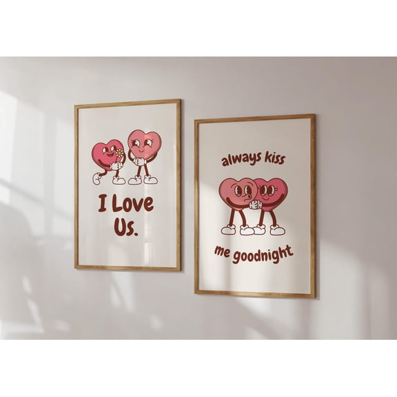 UNFFRAMED Master Bedroom Wall Art, I Love Us, Always Kiss Me Goodnight, Retro Bedroom Prints, Romantic Poster, Love Couple Bedroom Wall Art Set 2 Prints 20x30