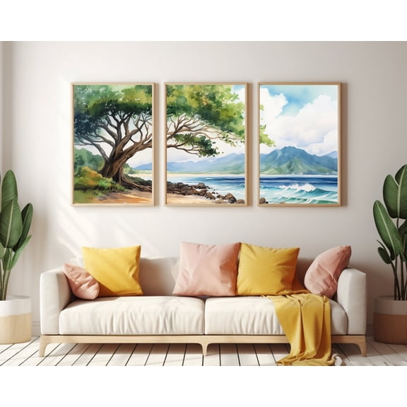 UNFFRAMED Maui Banyan Tree Poster Set Of 3, Hawaiian Coastal Wall Art, Tropical Island Poster, Kauai Seaside Decor, Hawaii Travel Art Set 3 Prints 8x12