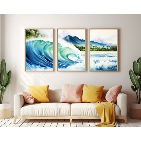 UNFFRAMED Maui Wave Hawaii Poster Set Of 3, Coastal Wall Art, Big Wave Surf Decor, Tropical Island Poster, Hawaiian Seaside Artwork Set 3 Prints 16x24
