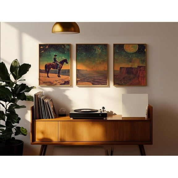 UNFFRAMED Maximalist Cowboy Wall Art Set Of 3 Pieces Celestial Western Canyon Landscape Wall Decor Eclectic Home Decor Set 3 Prints 8x12