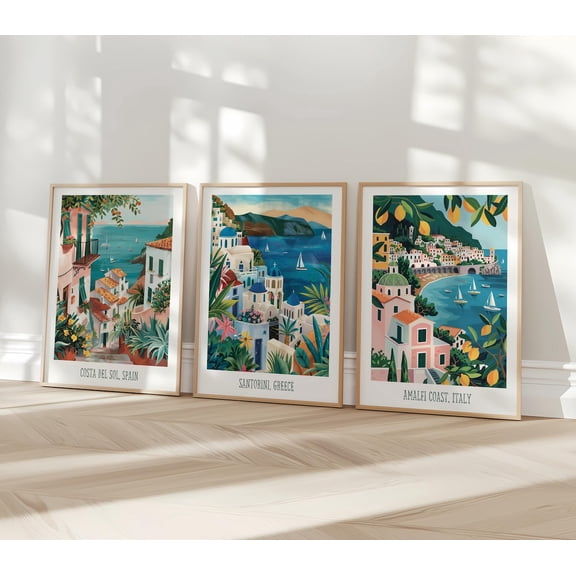 UNFFRAMED Mediterranean Wall Art Set, Coastal Landscape, European Coastal Decor, Gallery Wall Art, Amalfi Coast Art, Italy Travel Poster Set 3 Prints 8x12
