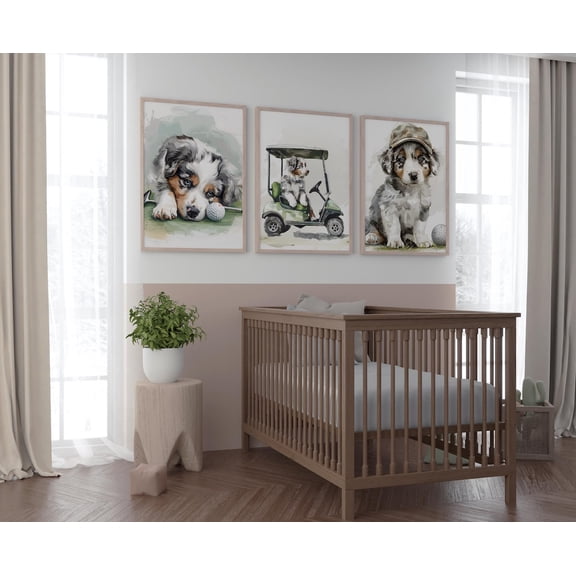 UNFFRAMED Merle Aussie Puppy Golf Posters, Set Of 3 Golf Dog Poster, Golf Nursery Wall Art, Aussie Dog Playing Golf, Dog Lover Baby, S217 Set 3 Prints 20x30