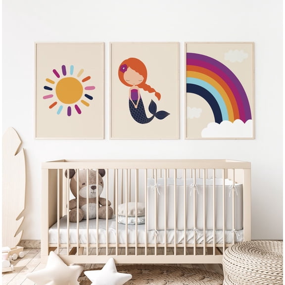 UNFFRAMED Mermaid prints. Nursery wall art. Baby girl wall decor. Modern girl wall art. Rainbow printable wall art. Set 3 Prints 8x12
