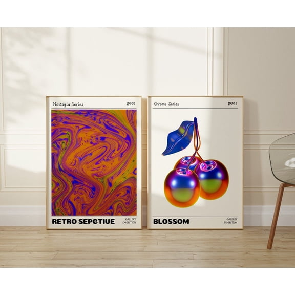 UNFFRAMED Metallic Cherry & Abstract Aura Poster Set, Retro Wall Art Set 2 Prints 20x30