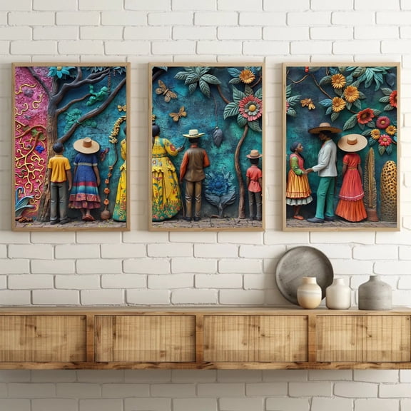 UNFFRAMED Mexican Artwork Split Set Of Three, Vibrant Colorful Wall Decor, Mexican Art For Living Room And Home, Ready To Hang Set 3 Prints 16x24