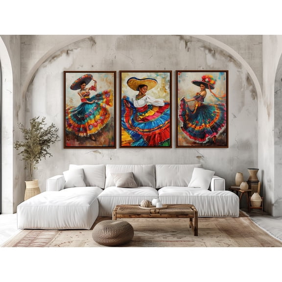 UNFFRAMED Mexican Women Folk Dance 3-Piece Wall Art Set, Mexico Wall Art, Mexican Home Decor, Modern Vibrant Portrait Posters Living Room Decor Set 3 Prints 12x18