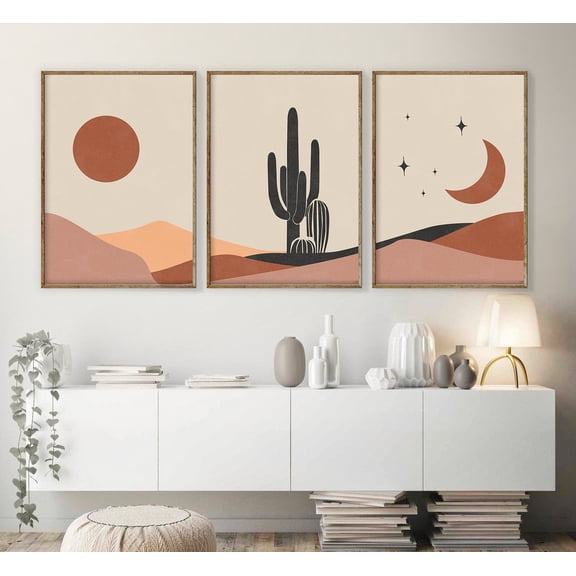 UNFFRAMED Mid Century Modern Cactus Art Posters, Boho Geometric Set Set 3 Prints 8x12