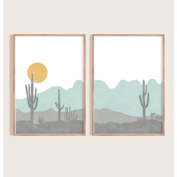 UNFFRAMED Mid Century Modern Desert Poster Set, Mountain Cactus Wall Art Set 2 Prints 20x30