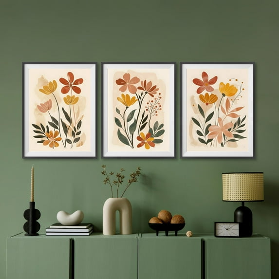 UNFFRAMED Midcentury Modern Boho Flower Wall Art, Flower Poster Set, Artful Boho Floral Art, Aesthetic Botanical Art Decor Set 3 Prints 16x24