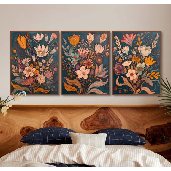 UNFFRAMED Midcentury Modern Boho Flowers Bouquet Wall Art Set, Wildflowers Wall Art Floral Botanical Boho Poster, Living Room Decor Set 3 Prints 8x12