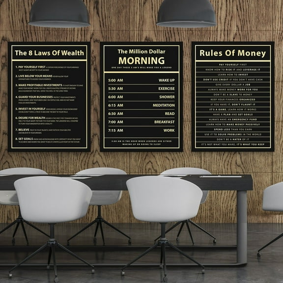 UNFFRAMED The Million Dollar Morning Set, 3 Rules Of Wealth, Money & Success Motivational Wall Art, Office Posters, Financial Quotes Poster Set 3 Prints 20x30
