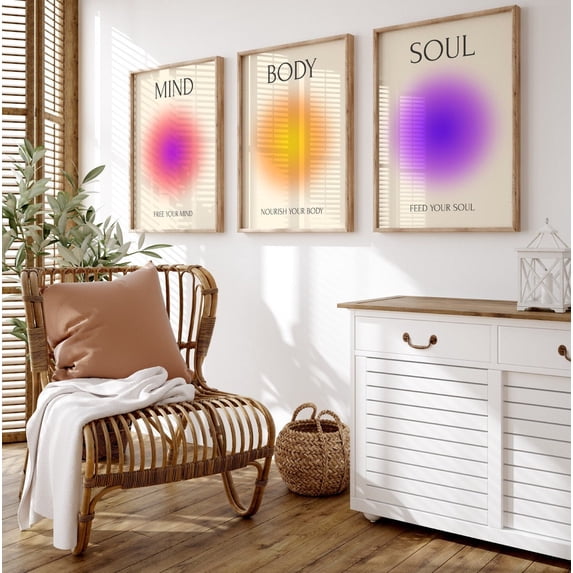 UNFFRAMED Mind Body Soul Aura Wall Art 3 Piece Set Retro Gradient Aesthetic Wall Decor Spiritual Posters Yoga Room Wall Art Set 3 Prints 16x24