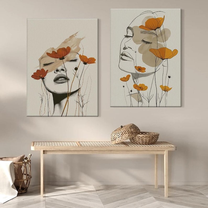 UNFFRAMED Minimalist Abstract Woman Wall Art Set, Floral Line Drawing ...