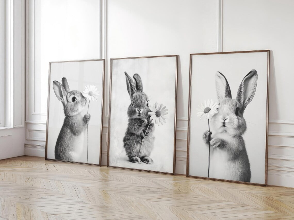UNFFRAMED Minimalist Black And White Rabbit Posters Set Of 3 Wall Art ...
