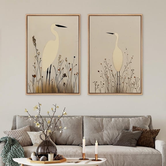 UNFFRAMED Minimalist Crane Wall Art, Set Of 2 Bird & Botanical Prints, Neutral Elegant Nordic Style Decor For Living Room Or Bedroom Set 2 Prints 16x24