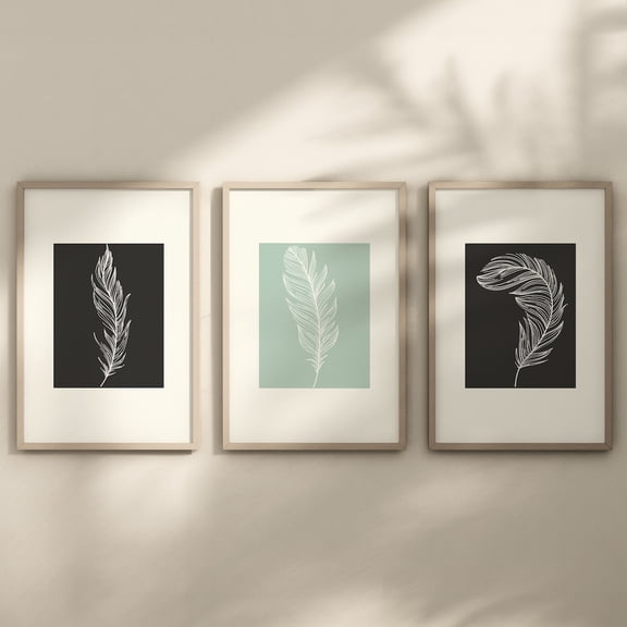 UNFFRAMED Minimalist Feather Wall Art Decor, Bird Feather Wall Art Print, Gallery Wall Set Of 3 Print, Feather Line Drawing Wall Art, Set 3 Prints 8x12
