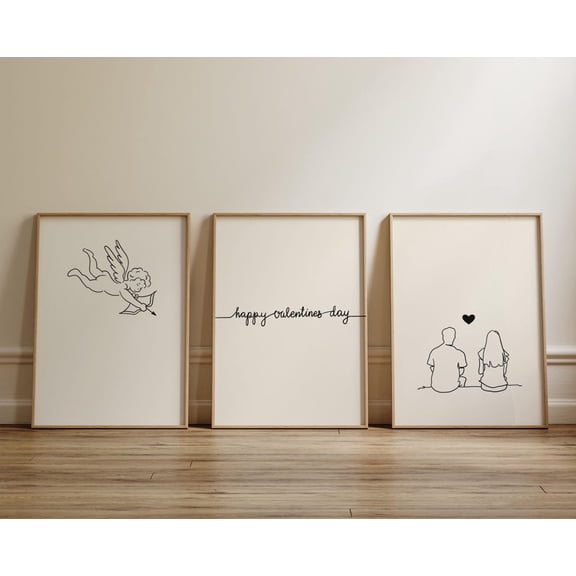 UNFFRAMED Minimalist Valentines Day prints. Gallery Set Valentines Wall Art. Line ArtPrintable Home Decor. Black and Beige. Set 3 Prints 8x12