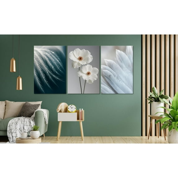 UNFFRAMED Minimalist White Flower Wall Art Set, 3 Panel Botanical, Feather And Floral Triptych, Modern Scandinavian Living Room Decor Set 3 Prints 20x30