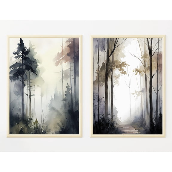 UNFFRAMED Misty Forest Poster Set, Foggy Pine Tree Art Set 2 Prints 8x12