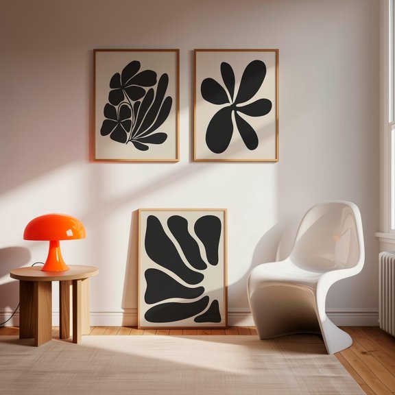 UNFFRAMED Modern Abstract Wall Art Set Of 3, Organic Shapes Print Bundle, Minimal Scandinavian Decor, Neutral Beige And Black Posters Set 3 Prints 20x30