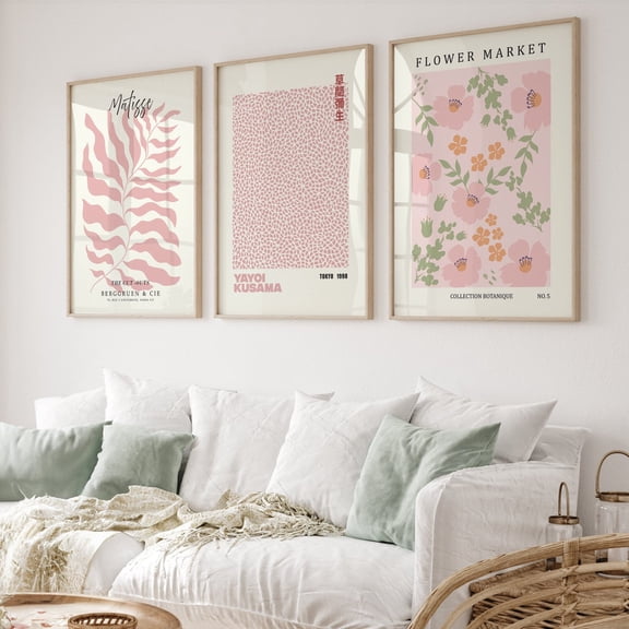 UNFFRAMED Modern Gallery Wall Art Prints, Pink Art Prints, Yayoi Kusama Poster, Mid Century Modern Art, Flower Market, Danish Pastel Set Of 3 Set 3 Prints 12x18