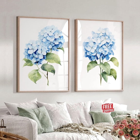 UNFFRAMED Modern Minimalist Art, Coastal Wall Decor Hamptons Blue Hydrangea Set Of 2 Posters Botanical Artwork Fine Art Poster Set 2 Prints 20x30