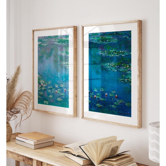 UNFFRAMED Monet Lily Pads Poster Set, Blue Impressionist Landscape Wall Art Set 2 Prints 16x24