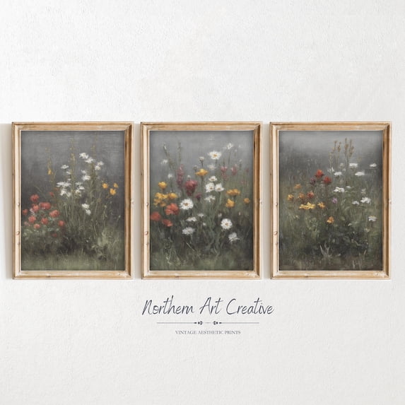 UNFFRAMED Moody Wildflowers Set Of 3 Posters Vintage Wildflowers Wall Art Moody Floral Paintings Flowers 3 Piece Wall Art Set 3 Prints 12x18