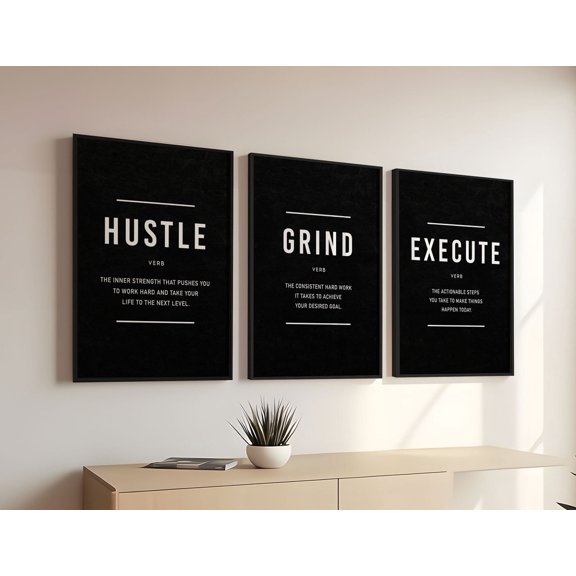 UNFFRAMED Motivational 3 Piece Set Wall Art, Hustle Grind Execute Posters, Minimalist Office Decor, Definition Signs, Inspirational Posters Set 3 Prints 12x18