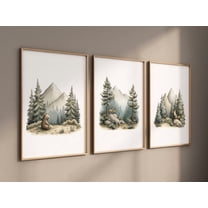 UNFFRAMED Mountain Forest Animal Nursery Wall Art, Woodland Bear, Deer & Fox Print Set, Nature Baby Room Decor For Boys Or Gender Neutral #165 Set 3 Prints 8x12