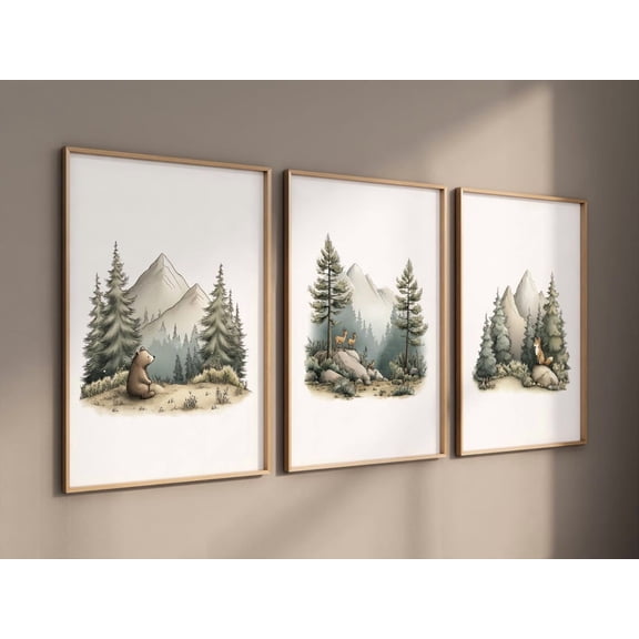 UNFFRAMED Mountain Forest Animal Nursery Wall Art, Woodland Bear, Deer & Fox Print Set, Nature Baby Room Decor For Boys Or Gender Neutral #165 Set 3 Prints 8x12