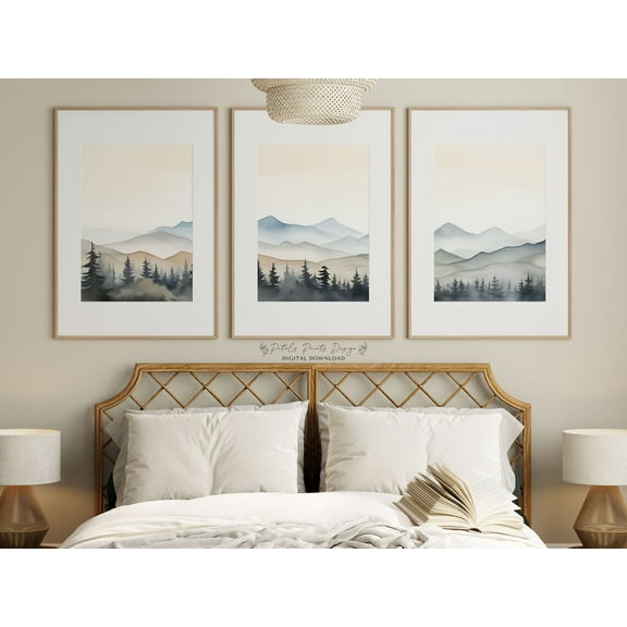 UNFFRAMED Mountain Poster Set, Abstract Pine Forest Landscape Set 3 Prints 8x12